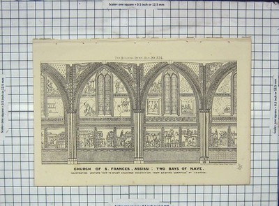 Original alter antiker Druck Architektur 1874 Kirche Frances Assissi Bays Kirchenschiff
