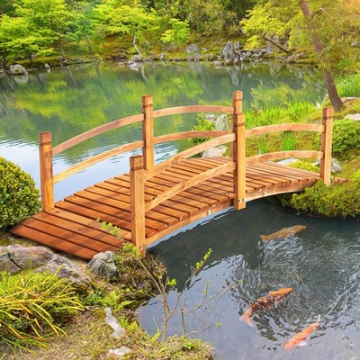 Outsunny Gartenbrücke 1,85 m Holzbrücke Teichbrücke mit Geländer Holz Orange