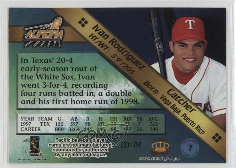 1998 Pacific Aurora Pennant Fever Silver /250 Ivan Rodriguez #7 HOF - Image 2 of 2