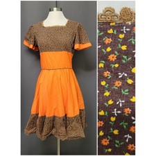 Unbranded Vintage Prairie Dress Orange Brown Calico Floral Fit Flare Size S
