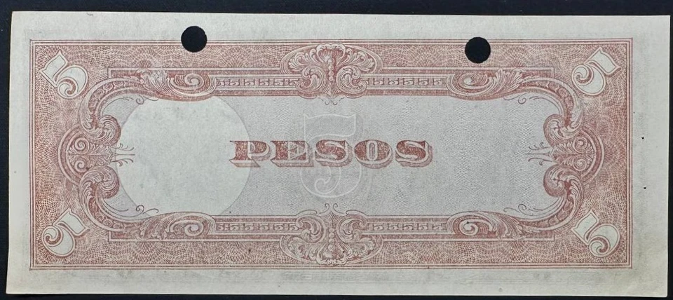 Philippines  5 Pesos Japanese Government 1943 CIRCULATED with two holes - Image 2 of 2