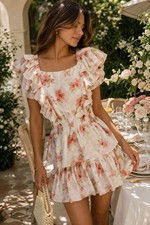 LoveShackFancy Natasha Mini Dress Pink Floral Ruffle Tiered Size M