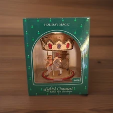 HALLMARK Holiday Magic 1985 Ornament Lighted Baby’s First Christmas CAROUSEL box