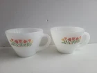 Vintage Fire King Anchor Hocking Tulip & Floral Milk Glass Coffee Tea Cups Set 2