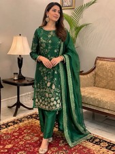 Handmade Women s Green Embroidered Pakistani Chiffon Salwar Kameez 3pc M