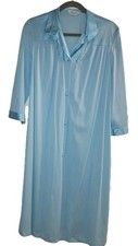 Vtg Vanity Fair Teal Blue Nylon Button Down Pockets Gown Robe Embroidered Floral
