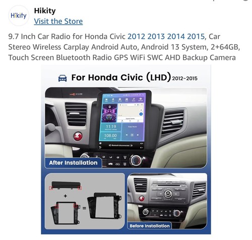 Hikity 9.7 Inch Car Radio for Honda Civic 2012-2015 CarPlay Android Auto 2+64G - Bild 3 von 5