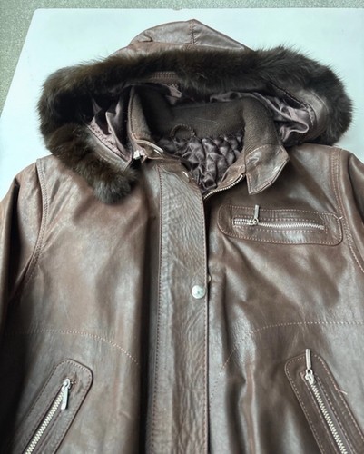 Brown Leather Bomber Jacket With Detachable Fur Trimmed Hood - Picture 2 of 14