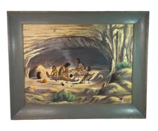 VTG 1940’s Native American In Cave Original Oil Painting Signed C.J Palmer