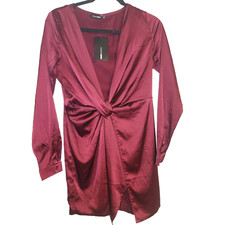 Fashion Nova NWT Sugar Free Burgundy Knotted Wrap Silky Dress Medium