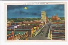 Main Street  At Night Greenville South Carolina Busy Street Linen Postcard 
