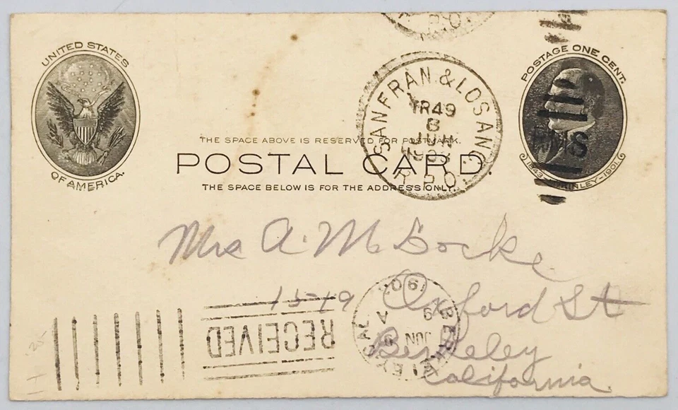 Tarjeta postal con cubierta de cancelación dúplex 1908 de San Francisco y Los Ángeles CA RPO RMS Foto 2 de 4