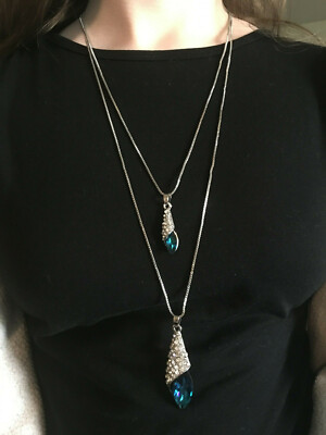 Two Layer Blue & White Rhinestone Pendant Angel Tear Necklace - Fashion Jewelry
