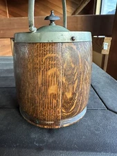 Vtg English Oak & Silver Plate Biscuit Barrel w/ Porcelain Liner