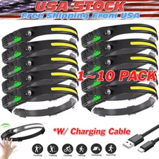 1-10 Pcs Rechargeable Headlamp Wide Beam LED Motion Sensor Headlight Waterproof