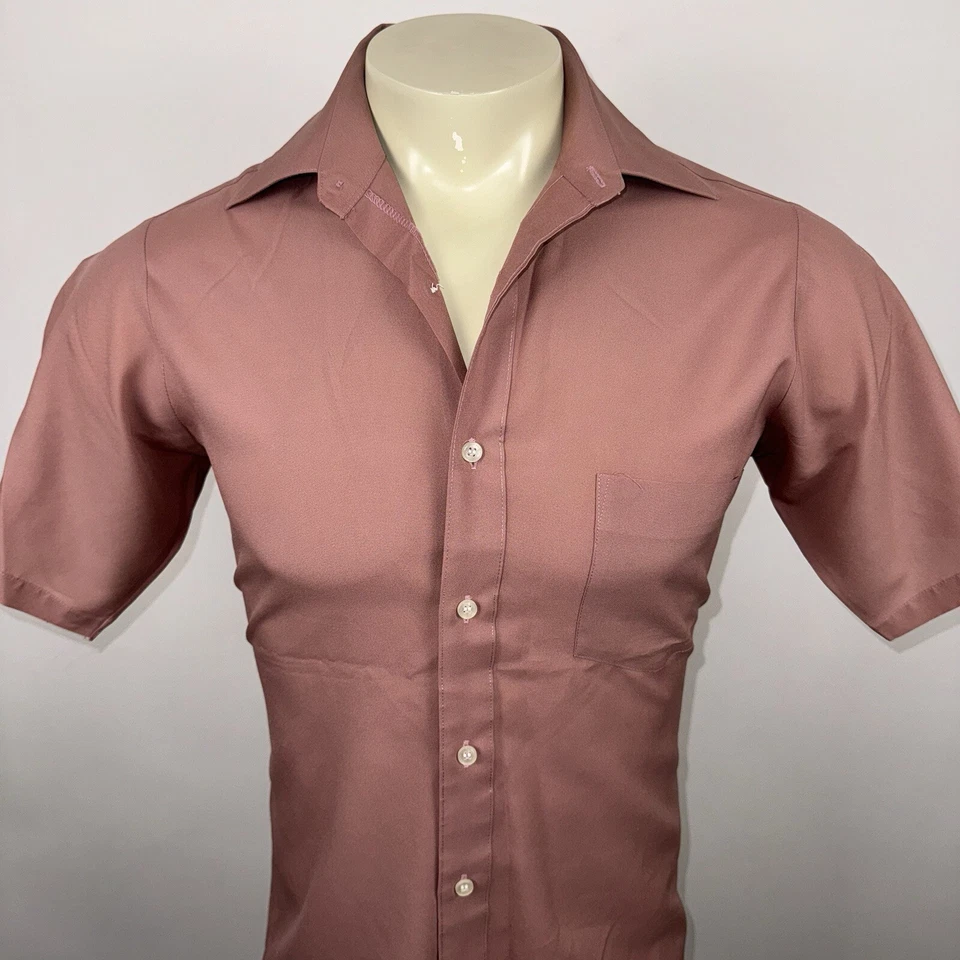 Vintage 70s Van Heusen Shirt Disco Polyester Super Silk Mauve MCM Medium Mens 15 - Image 3 of 4