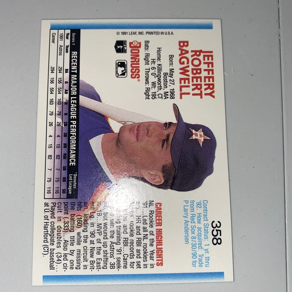 1992 Donruss Jeff Bagwell #358 Baseball Card HOF Nrmint+ Astros - Image 2 of 2