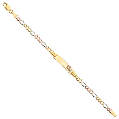 Gold 14K Tri Color Gold Figaro 3+1 Blume Baby ID Armband - 6''