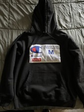 Supreme X Champion Label Black Hooded Sweatshirt Hoodie Size Medium
