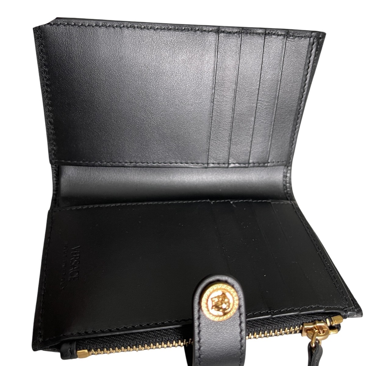 Versace 1002897 Medusa Gold Compact Black Leather Folding