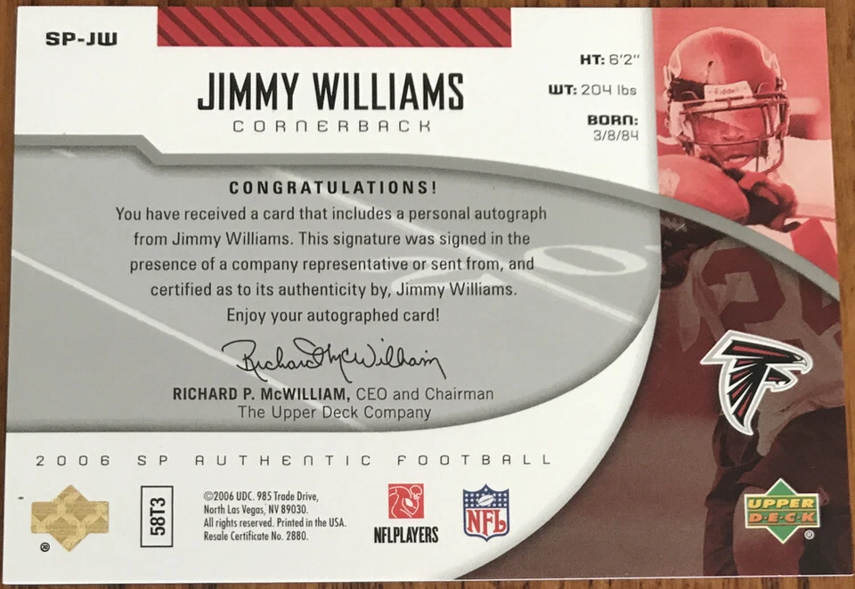 2006 SP Authentic Autographs Jimmy Williams SP-JW Atlanta Falcons - Image 2 of 2