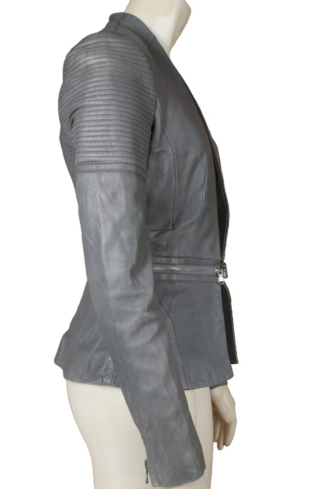 Chaqueta REBECCA TAYLOR Gris Cordero Cuero Cremallera Detallada Peplum Talla 0 Foto 4 de 4