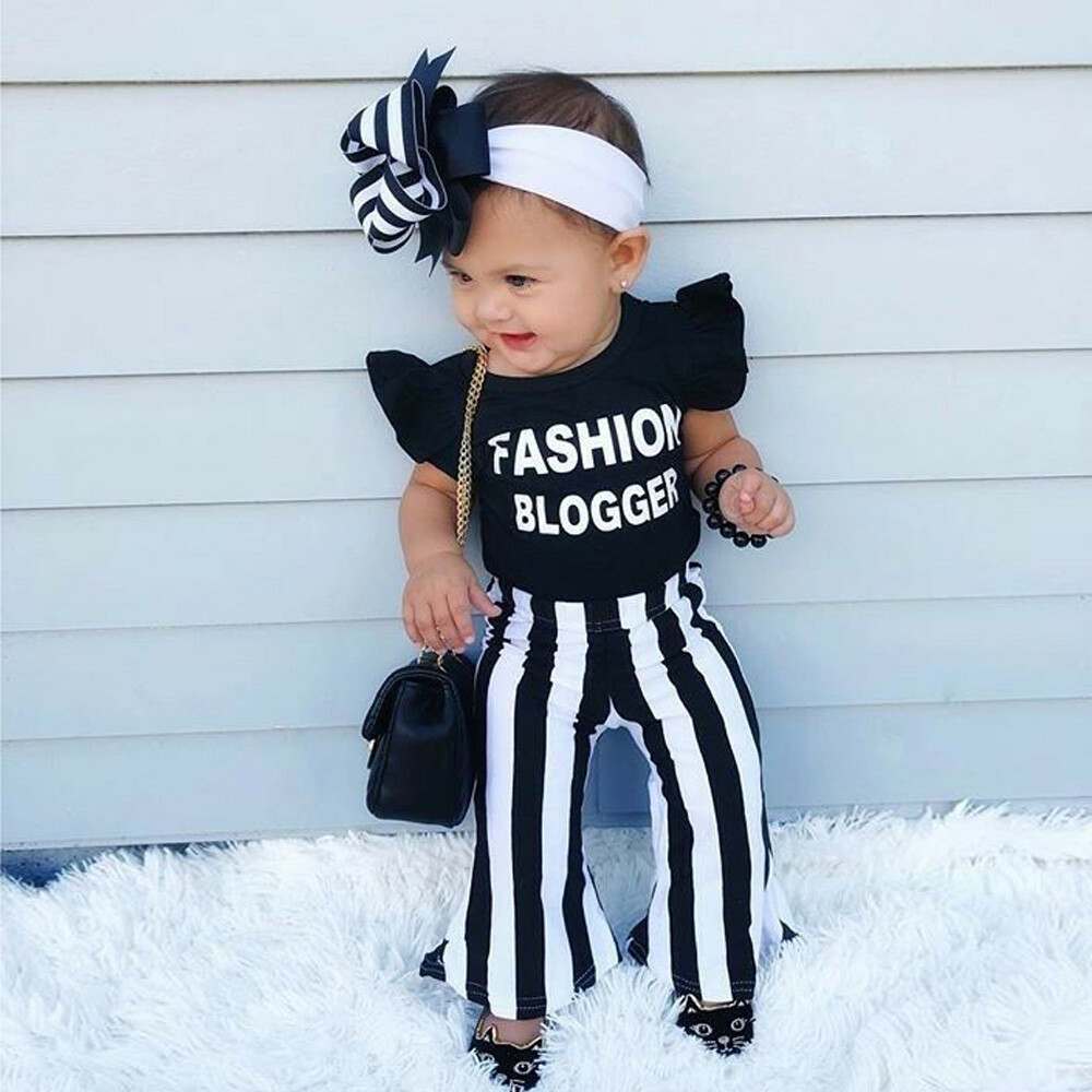 FASHION BLOGGER Print Newborn Baby Girls Ruffle T-shirt Black And White  Pants
