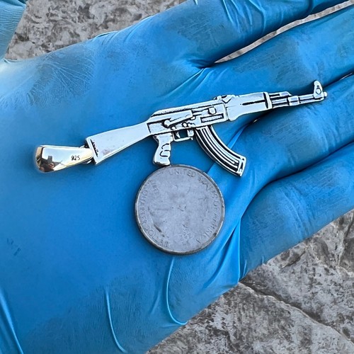14k Gold Plated or Solid 925 Sterling Silver Oxidized AK47 Big Gun Pendant 3.5" - Picture 17 of 20