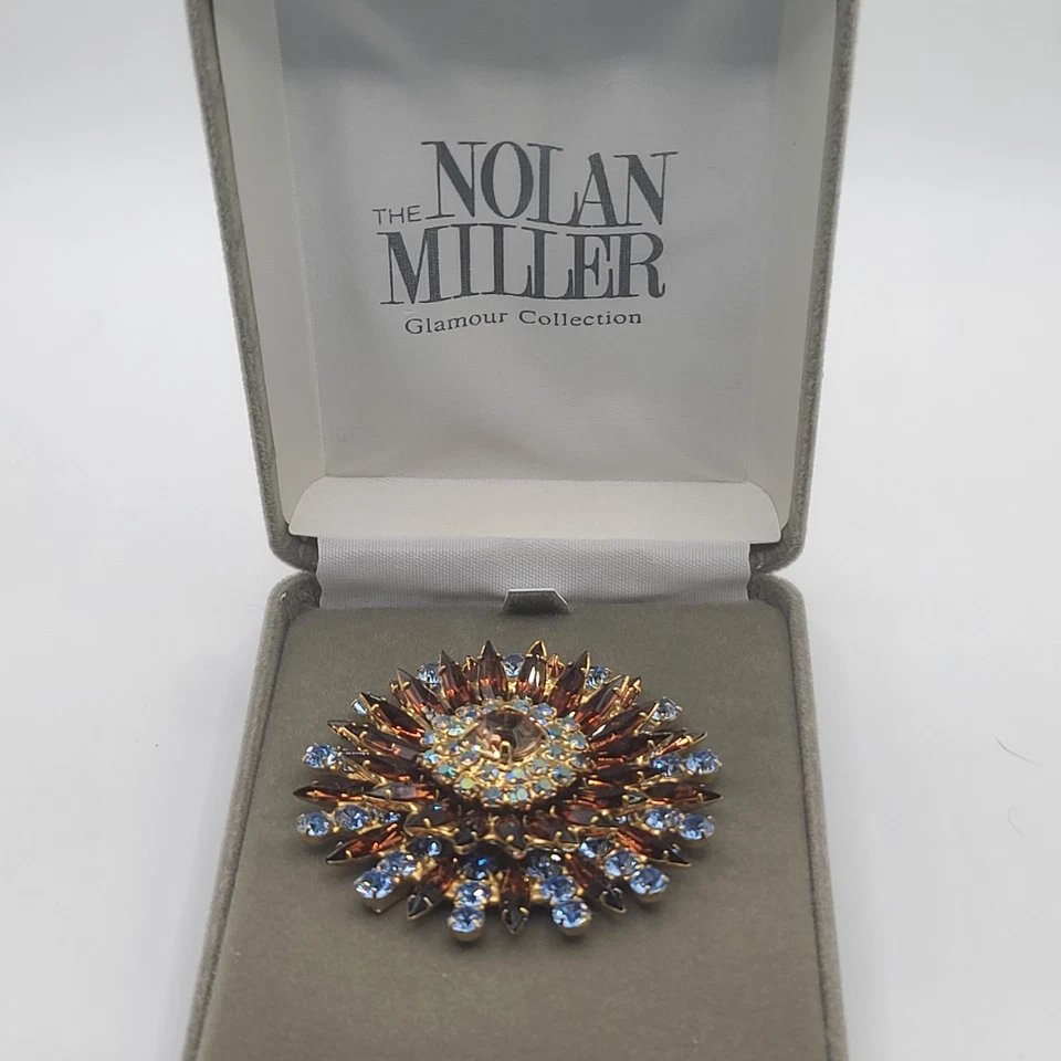 Broche Nolan Miller Azul Marrón Estrás Sunburst 3D Declaración Firmado Foto 2 de 4