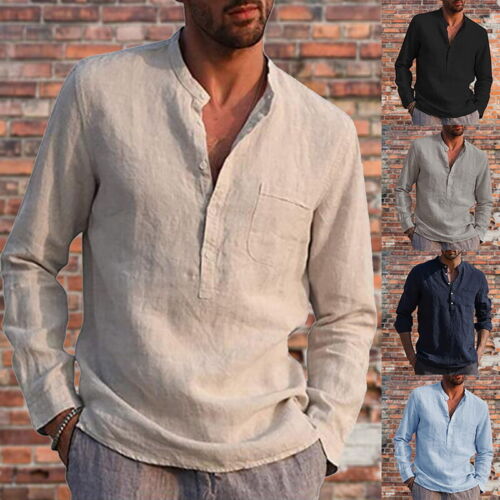 Men Casual Linen Beach Long Sleeve Shirt Button T-Shirt Summer Loose Shirt Tops - Picture 1 of 19