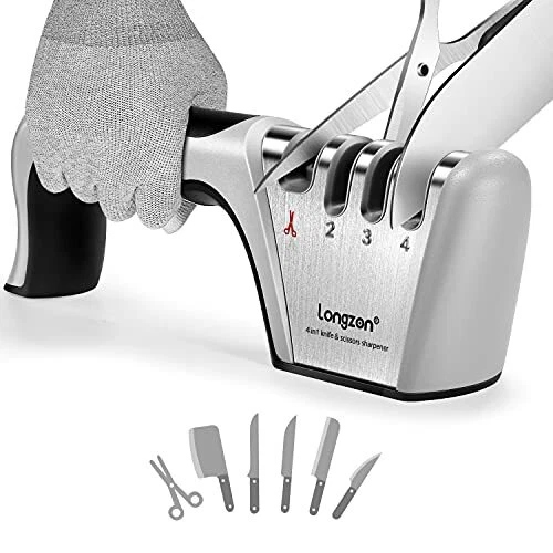 4-in-1 [4 stage]Knife Sharpener with a Pair of Cut-Resistant Glove,Polish Blades