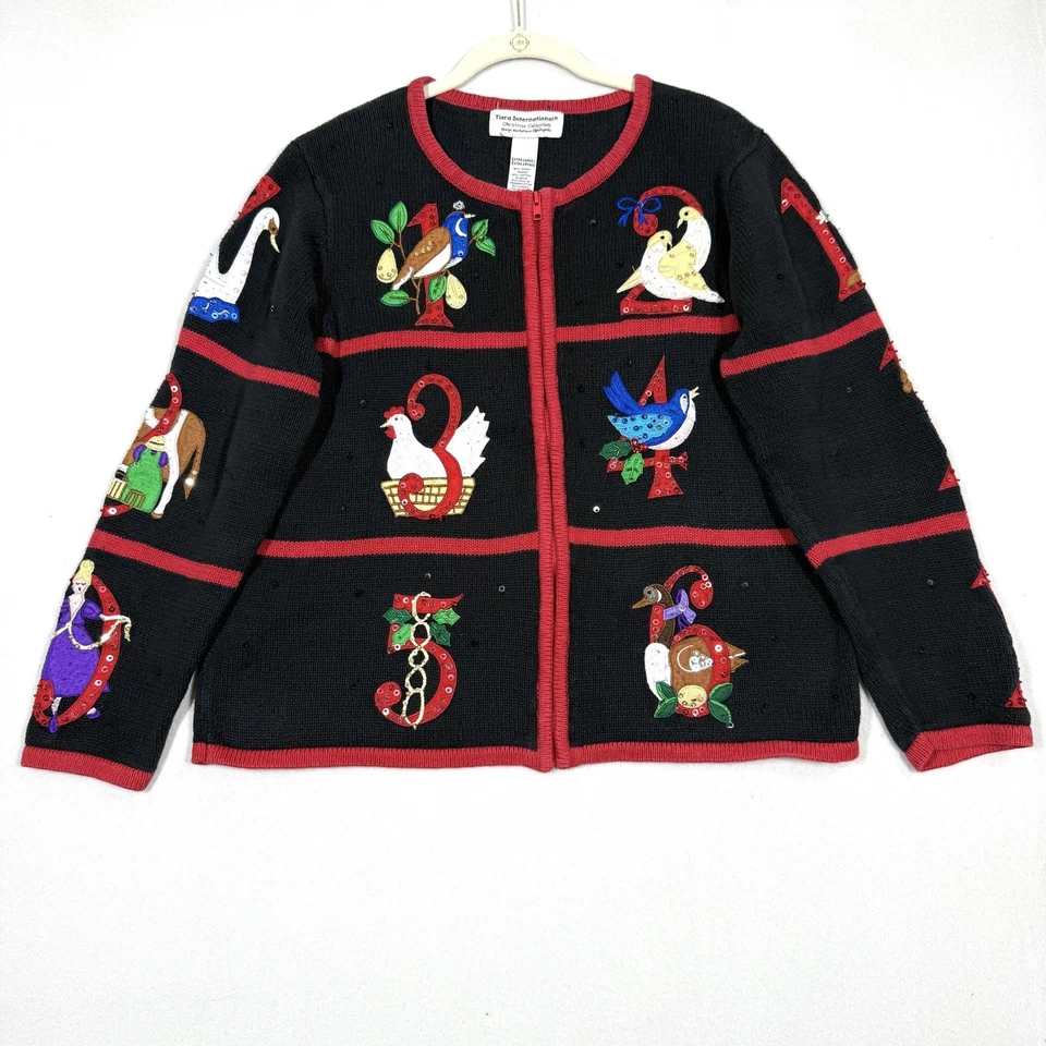 Vintage Christmas Sweater Womens XL Cardigan Twelve Days Embroidered Zip 90s - Image 2 of 4