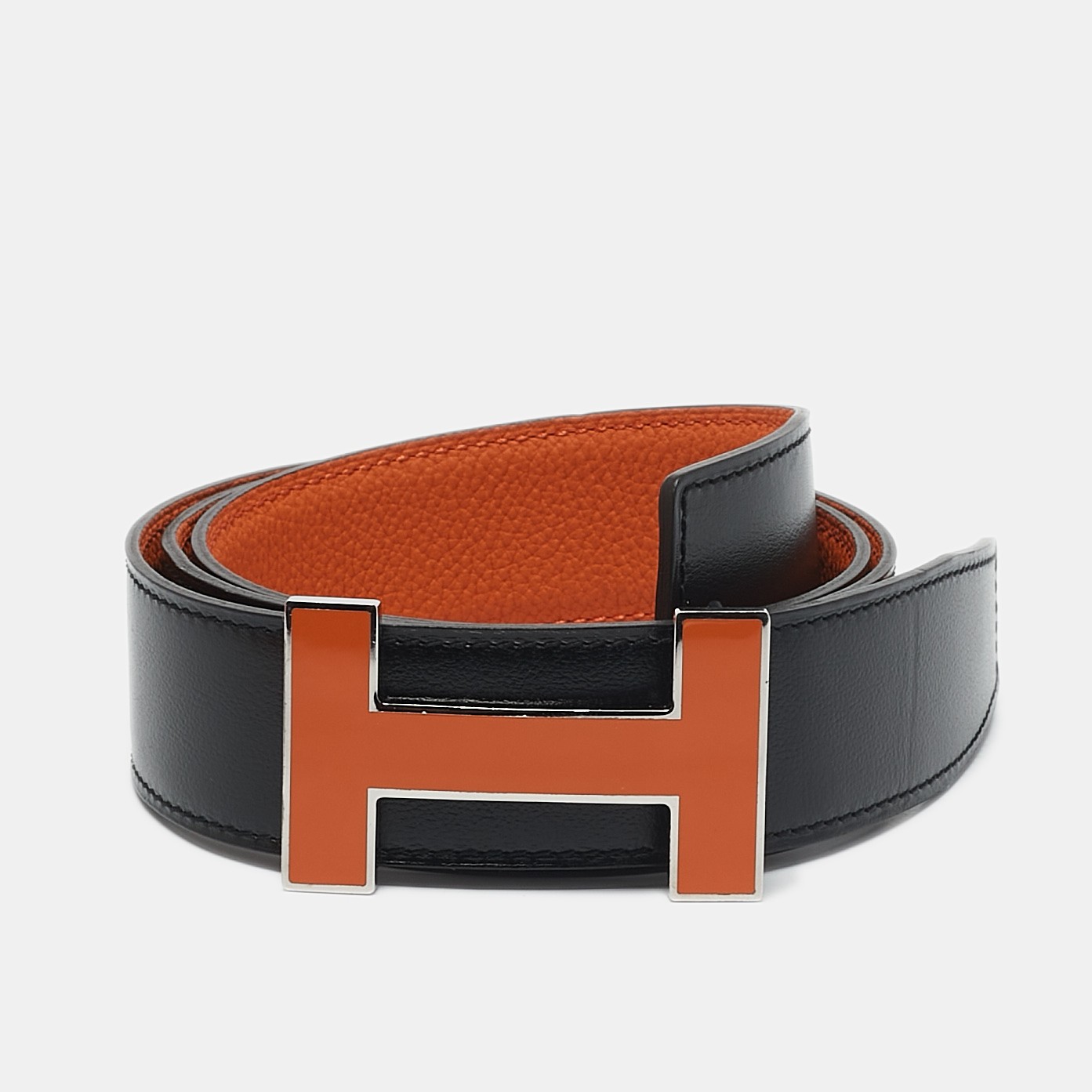 Hermes Reversible Belt Noir Orange Togo Leather 80cm