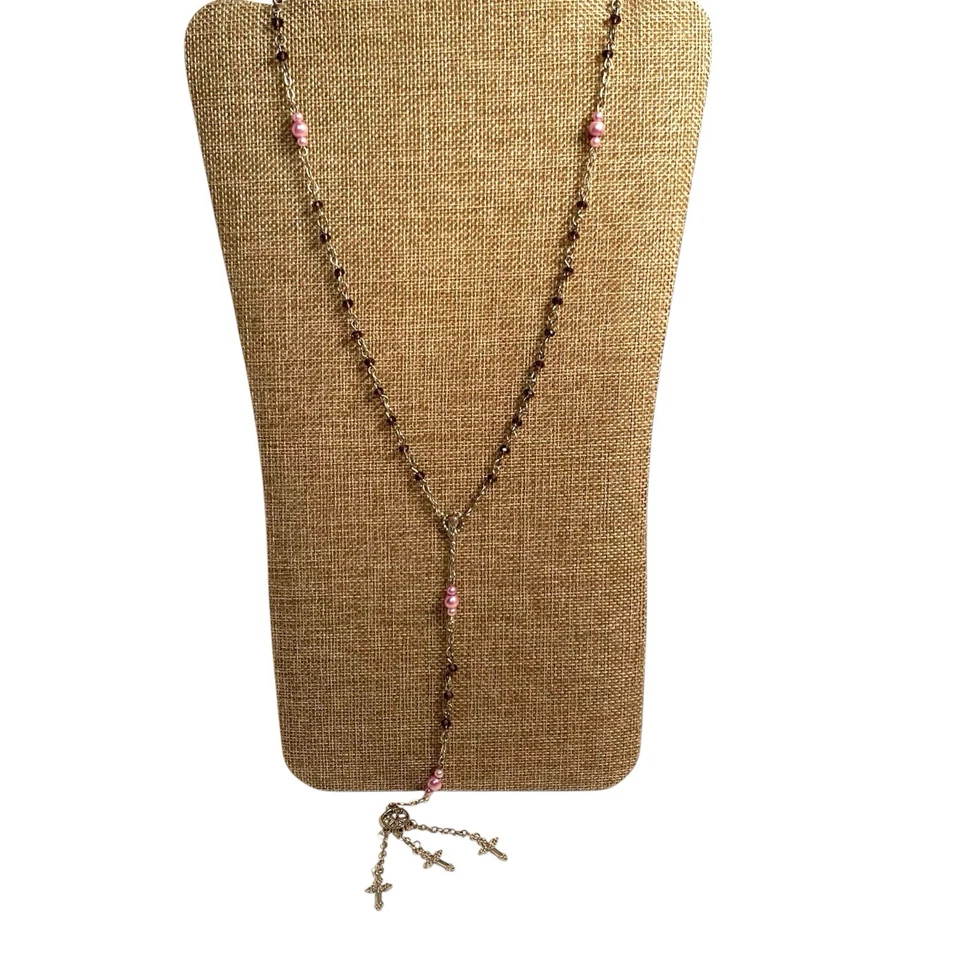 Rosario Vintage Vidrio Amatista Imitación Rosa Perla Virgen María y Triple Cruz Foto 2 de 4