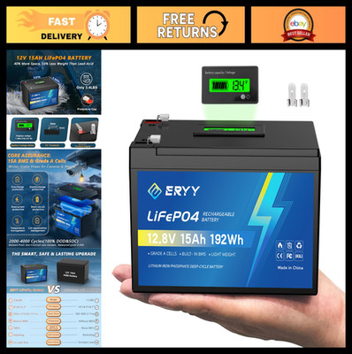 12V 15Ah LiFePO4 Lithium Battery - 15A BMS, LCD Meter, 4000+ Cycles, Lightweight