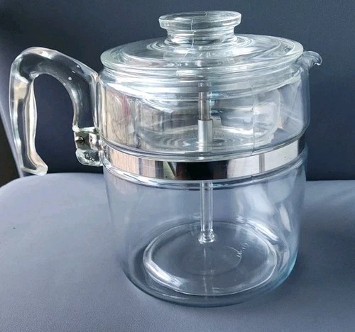 Vintage Pyrex Flameware Glass Coffee Percolator Complete Stovetop MCM Clear 9cup