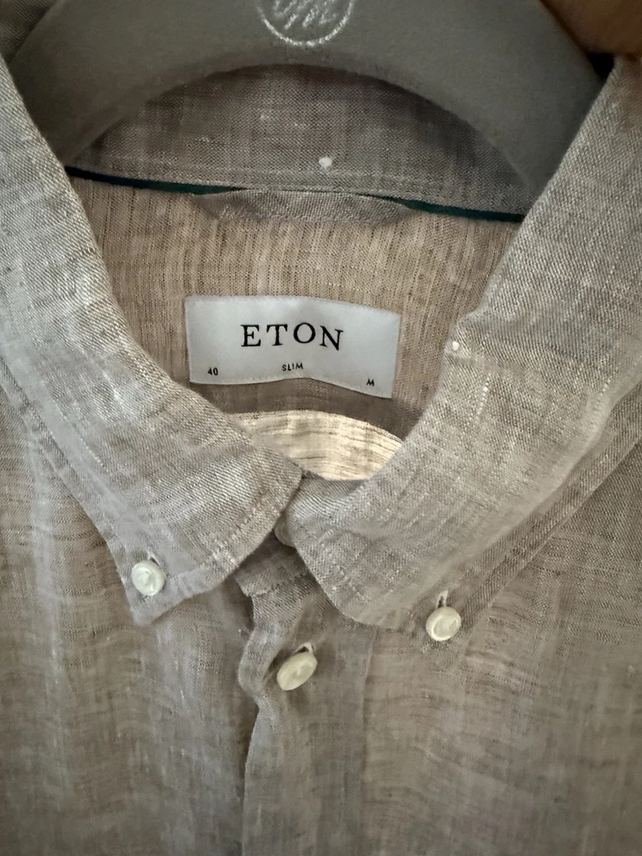NUEVA Camisa Eton Lino Manga Larga Color Natural Talla Mediana Foto 2 de 4