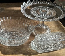 Vintage Glass Pedestal Cake Stand, Anchor Hocking Butter Dish, KIG Bowl Malaysia