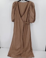 NEW Reformation Anna wrap Dress Women's XL Clay Brown Linen Puff Sleeves Midi