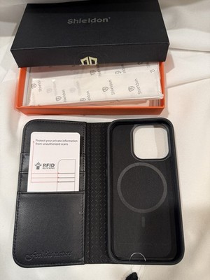 SHIELDON Case for iPhone 15 2023, Genuine Leather Wallet Book Case Magnetic-Blk.