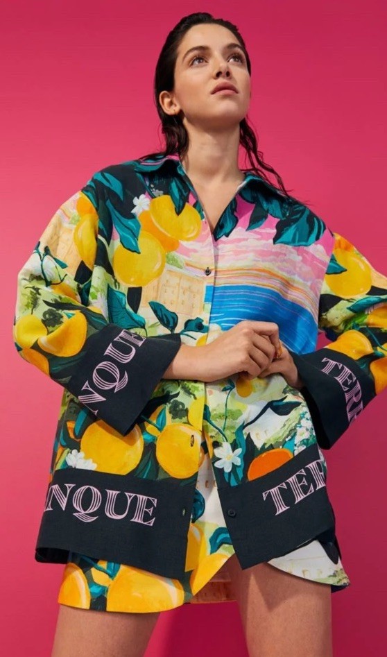 H&M Lemon Print Amafi Coast Santorini Button down Shirt Size M New