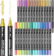 28 Metallic Colors Dual Tip Acrylic Paint Markers, Dot Tip and Fine Tip Acrylic 