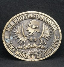 WD03141 VINTAGE 1970s NRA WHITTINGTON CENTER MOOSE  CARIBOU HUNT BELT BUCKLE