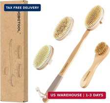 Dry Brushing Set - Natural Boar Bristle Body Face Brush, Wooden Long