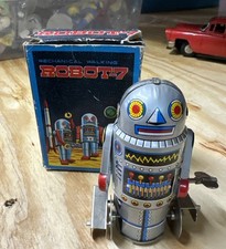 Vintage Retro Robot-7 Wind-up Mechanical Tin Litho Toy - Walking - Box F-4-2