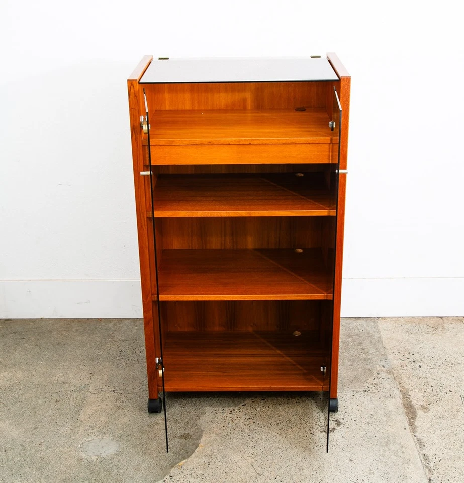 Mid Century Modern Stereo Storage Cabinet Teak Smoked Glass Hifi Audio Mcm Brass - Image 2 of 4