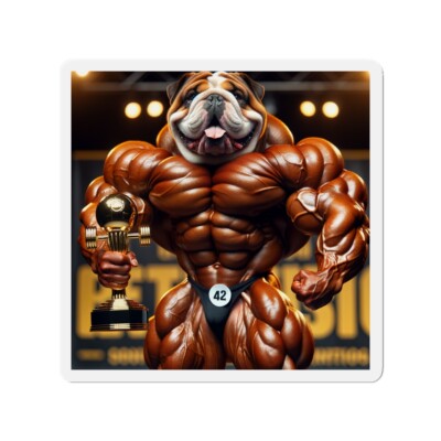 Die-Cut Fridge Magnet Bulldog Bodybuilder Flexing Trophy