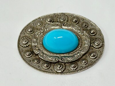 Vintage Pressed Silvertone Blue Lucite Cabochon 2-3/8