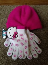 Hello Kitty Girl's Pink Beanie Hat and Mitten/Gloves Set