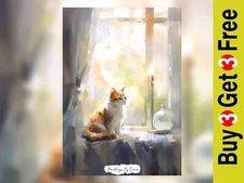 Charming Cat by Window, Watercolor Painting Print 5"x7" on Matte Paper